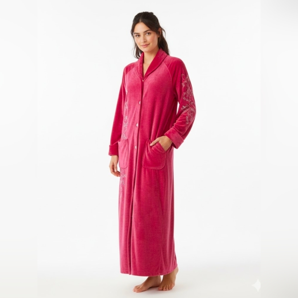 Vintage ANNE LEWIN Women's Maxi Robe Embroidered Pink Velvet Size Medium‎
